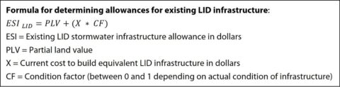 A formula for determining allowances for existing LID infrastructure using the partial land value, current cost of build equivalent LID infrastructure and a condition factor between 0 and 1 depending on actual condition of infrastructure. 