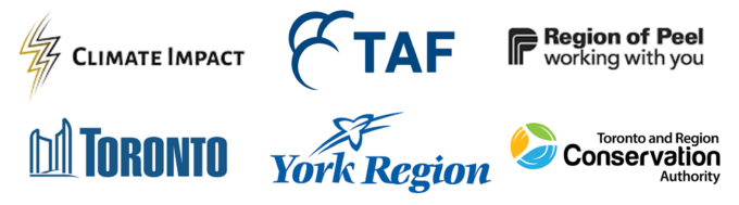 Logos of Climate Impact, The Atmospheric Fund (TAF), The Region of Peel, City of Toronto, York Region and Toronto and Region Conservation Authority.